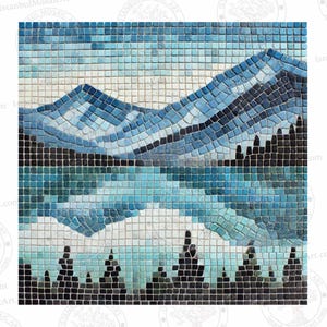 May include: A mosaic tile artwork depicting a mountain range with snow-capped peaks, a lake, and trees in the foreground. The artwork is made up of small, square tiles in shades of blue, white, and black.