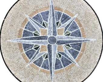 Handcut Marble Mosaic Medallion: Nautical Compass Rose Backsplash
