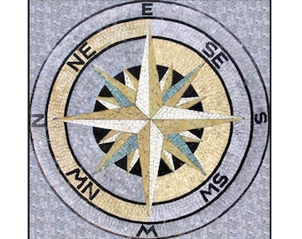 Handcut Marble Mosaic Medallion: Compass Rose Nautical Tile
