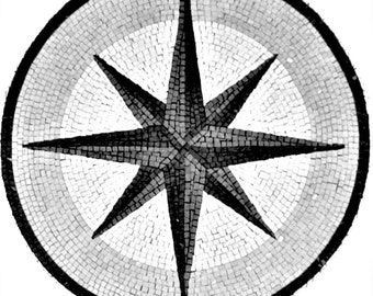 Handcrafted Marble Mosaic Medallion: Compass Rose Flooring Tile