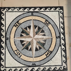 Compass Rose Square Marble Mosaic Backsplash Tiles, Medallion Tiles. Hand cut Mosaic, Customization available, Indoor/Outdoor Ok.