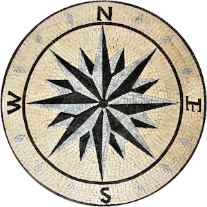 Handcut Marble Mosaic Medallion: Compass Rose Nautical Flooring Tile