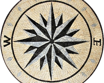 Handcut Marble Mosaic Medallion: Compass Rose Nautical Flooring Tile