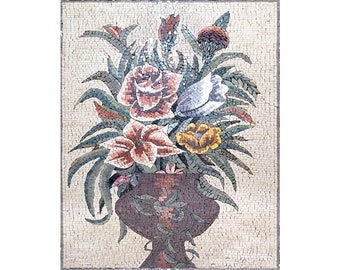Flowers in Vase Mosaic Tile Mural: Handcrafted Marble Backsplash