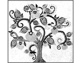 Handcrafted Marble Mosaic Tile: Black, White, Grey Tree of Life Mural