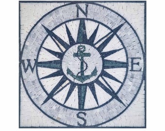 Nautical Compass with Anchor Marble Mosaic Medallion