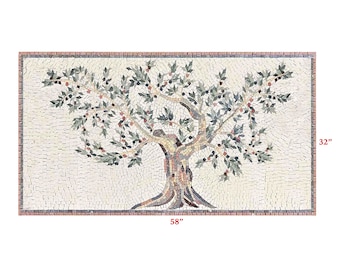 Handcut Olive Tree Marble Mosaic Art Tile: Indoor/Outdoor