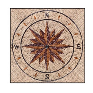 Nautical Square Compass Rose Marble Mosaic Medallion Tiles. Hand cut Mosaic, Customization available, Indoor/Outdoor Ok. Roman Mosaics