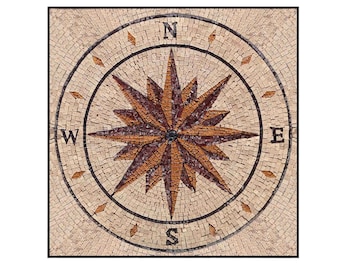 Nautical Compass Rose Marble Mosaic Medallion Tile: Hand-Cut Indoor/Outdoor