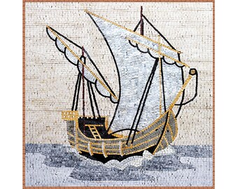 Custom Ship Mosaic Tile Art: Handcrafted Marble Mural