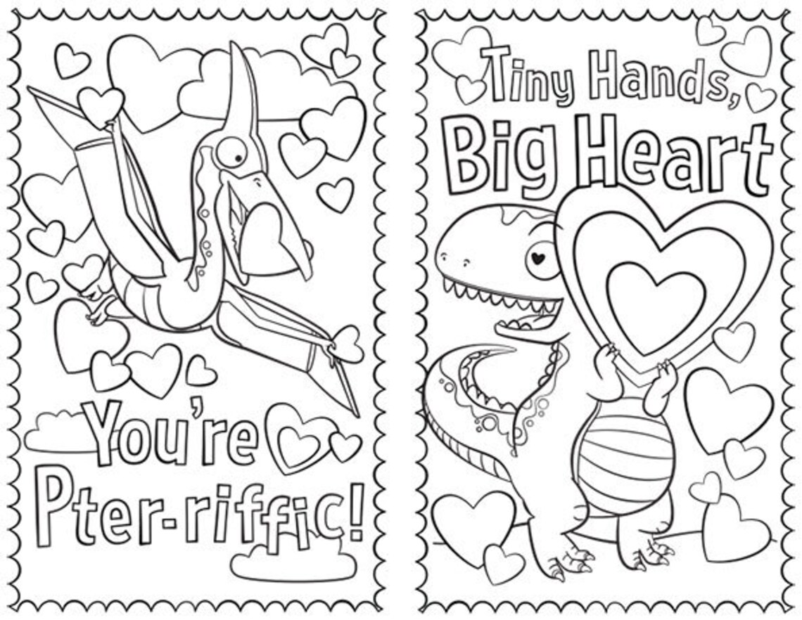 Dinosaur Coloring Printable Valentines Set Of 6 Etsy