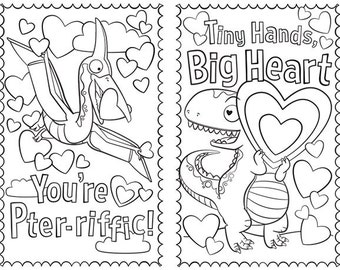 Dinosaur Coloring Printable Valentines - Set of 6