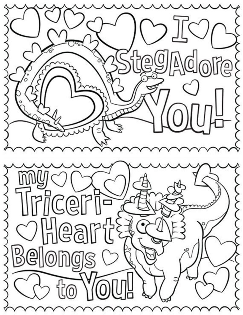 Dinosaur Coloring Printable Valentines Set Of 6 Etsy