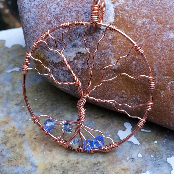 Swarovsky Crystals, Copper Tree of Life Pendant, Wire Wrapped Pendant, Artisan Jewelry, Metalsmith
