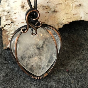 Quartz Crystal Heart Aged Natural Copper Wire, Pendant, Stainless Steel 18&quot;Chain, Artisan Jewelry, Metalsmith