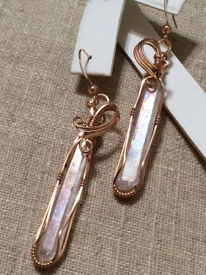 Metalsmith Artisan Jewelry Rose Gold Filled Wire Wrapped Earrings Angel Aura or Pearl Aura Double Terminated