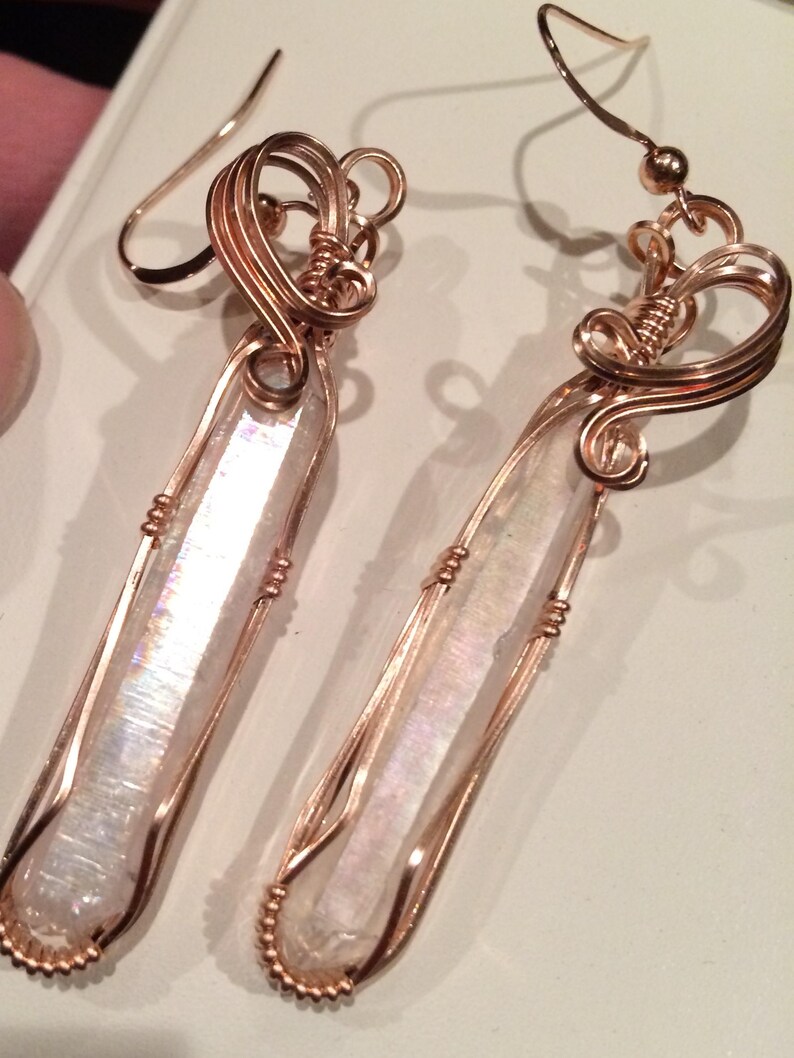 Metalsmith Artisan Jewelry Rose Gold Filled Wire Wrapped Earrings Angel Aura or Pearl Aura Double Terminated