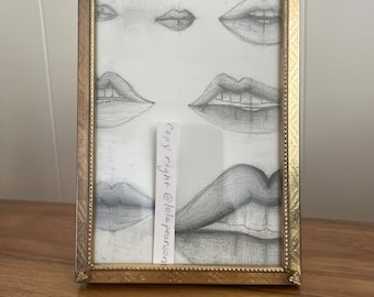 Graphite Lip Print in Vintage Frame