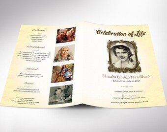 Golden Elegance Remembrance Funeral Program Template for Canva, Obituary Template for Women  | 4 Pages, 5.5x8.5 inches