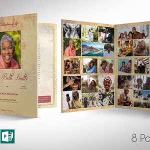 May include: An 8-page memorial booklet in beige and gold with a photo collage of a woman and her family. The front cover features a photo of the woman and the text "A Celebration of Life" and "Mary Beth Smith".