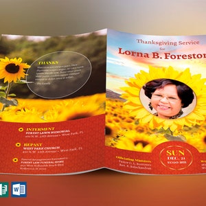 Conjunto de plantillas para programa funerario de girasol, marrón amarillo, Word y editor, celebración de la vida, plantilla de obituario de mujer, 4 páginas, 5,5 x 8,5