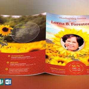 Sunflower Funeral Program Word and Publisher Template, Print Size 8.5x11 inches, Bi-Fold to 5.5x8.5 inches, is for memorial or funeral services. The sunflower petals on the obituary template, combined with clean serif text lend