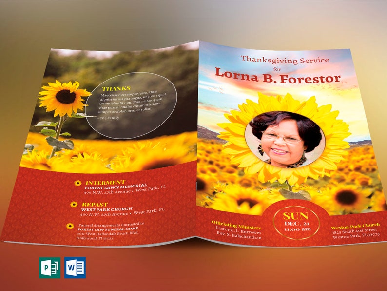 Sunflower Funeral Program Word and Publisher Template, Print Size 8.5x11 inches, Bi-Fold to 5.5x8.5 inches, is for memorial or funeral services. The sunflower petals on the obituary template, combined with clean serif text lend