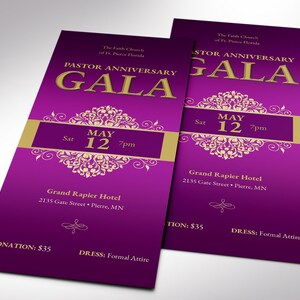 Pastor Anniversary Gala Ticket Template has an elegant purple and gold vintage design. The size is 3x7 inches. Great for formal occasions such as church and pastor anniversary galas, banquets, office parties, etc. A classical-themed event ticket.