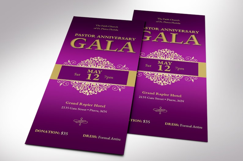 Pastor Anniversary Gala Ticket Template has an elegant purple and gold vintage design. The size is 3x7 inches. Great for formal occasions such as church and pastor anniversary galas, banquets, office parties, etc. A classical-themed event ticket.