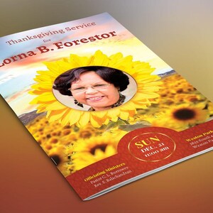 Sunflower Funeral Program Word and Publisher Template, Print Size 8.5x11 inches, Bi-Fold to 5.5x8.5 inches, is for memorial or funeral services. The sunflower petals on the obituary template, combined with clean serif text lend