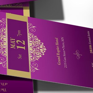 Pastor Anniversary Gala Ticket Template has an elegant purple and gold vintage design. The size is 3x7 inches. Great for formal occasions such as church and pastor anniversary galas, banquets, office parties, etc. A classical-themed event ticket.