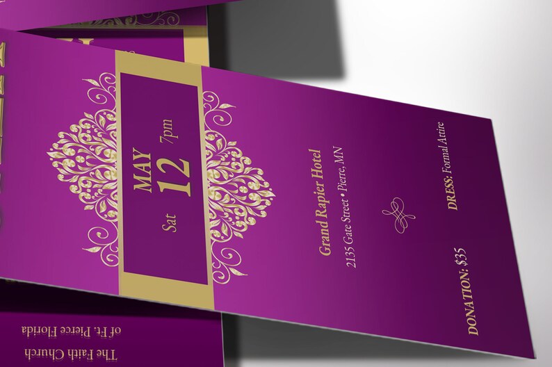 Pastor Anniversary Gala Ticket Template has an elegant purple and gold vintage design. The size is 3x7 inches. Great for formal occasions such as church and pastor anniversary galas, banquets, office parties, etc. A classical-themed event ticket.