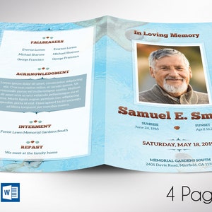 May include: A blue and white funeral program with a photo of Samuel E. Smith. The program includes the dates of his birth and death, as well as the date and location of his memorial service. The program also includes the names of the pallbearers and a message of acknowledgment.