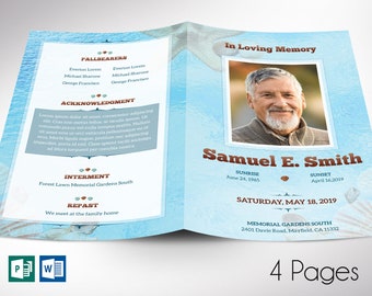 Blue Seashell Funeral Program Word Publisher Template | Celebration of Life | 4 Pages | Bi-fold to 5.5”x5.5”
