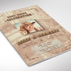 Country Funeral Program Word and Publisher Template has 4 pages and is designed with a grungy texture and a vintage country western composition. Print Size is 8.5x11 inches,  and is Bi-fold to 5.5x8.5 inches , for memorial or funeral services.