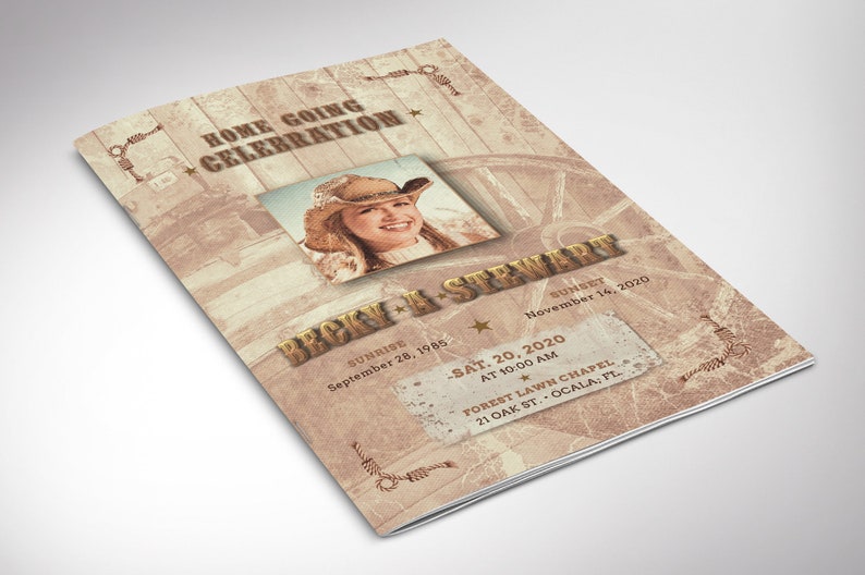 Country Funeral Program Word and Publisher Template has 4 pages and is designed with a grungy texture and a vintage country western composition. Print Size is 8.5x11 inches,  and is Bi-fold to 5.5x8.5 inches , for memorial or funeral services.