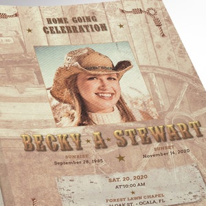 Cowgirl Tabloid Funeral Program Word and Publisher Template, Print Size: 17x11 inches,  Bi-fold to 8.5x11 inches is for memorial or funeral services. Design with a grungy texture and a vintage country western composition.