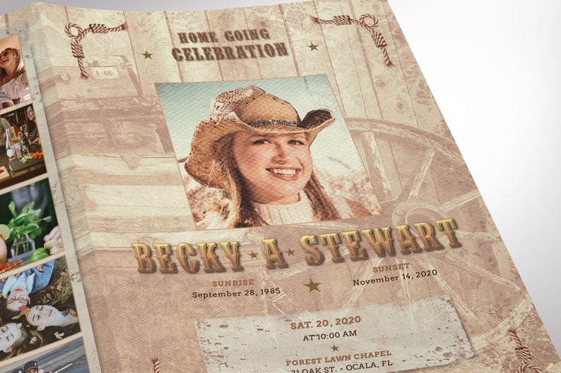 Cowgirl Tabloid Funeral Program Word and Publisher Template, Print Size: 17x11 inches,  Bi-fold to 8.5x11 inches is for memorial or funeral services. Design with a grungy texture and a vintage country western composition.