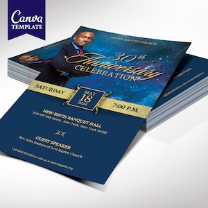 Church Anniversary Banquet Flyer Template for Canva, Blue Gold, Pastor Appreciation, Church Invitation, Gala, Fundraiser Event, 3 Sizes