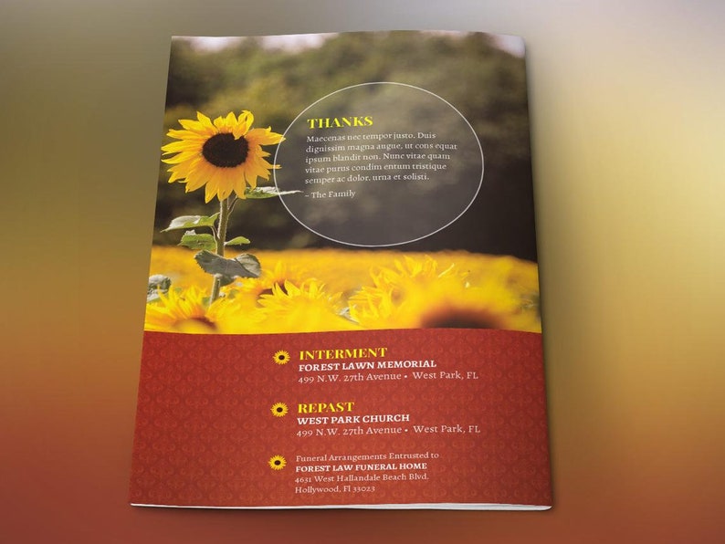 Sunflower Funeral Program Word and Publisher Template, Print Size 8.5x11 inches, Bi-Fold to 5.5x8.5 inches, is for memorial or funeral services. The sunflower petals on the obituary template, combined with clean serif text lend