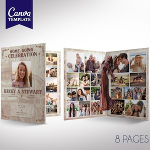 Cowgirl Tabloid Funeral Program Template for Canva, Rustic Brown Celebration of Life, Editable & Printable Women&#39;s Obituary, 8-Page, 11x17&quot;