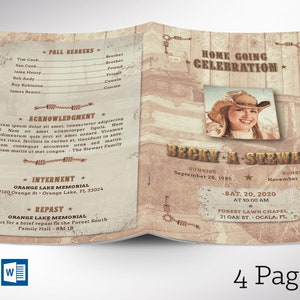 Country Funeral Program Word and Publisher Template has 4 pages and is designed with a grungy texture and a vintage country western composition. Print Size is 8.5x11 inches,  and is Bi-fold to 5.5x8.5 inches , for memorial or funeral services.