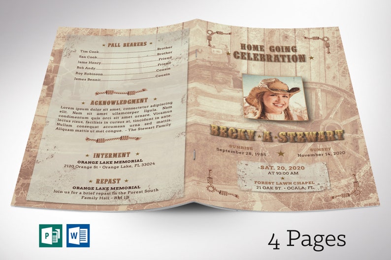 Country Funeral Program Word and Publisher Template has 4 pages and is designed with a grungy texture and a vintage country western composition. Print Size is 8.5x11 inches,  and is Bi-fold to 5.5x8.5 inches , for memorial or funeral services.