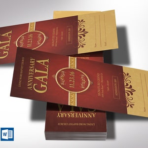 Church Anniversary Gala Ticket Word Publisher Template | Burgundy Gold, Pastor Anniversary, Banquet Fundraiser Event Ticket | Size: 3”x7&quot;