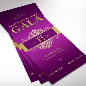 Pastor Anniversary Gala Ticket Template has an elegant purple and gold vintage design. The size is 3x7 inches. Great for formal occasions such as church and pastor anniversary galas, banquets, office parties, etc. A classical-themed event ticket.