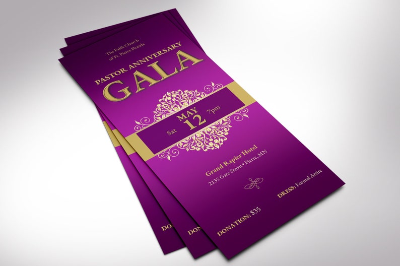 Pastor Anniversary Gala Ticket Template has an elegant purple and gold vintage design. The size is 3x7 inches. Great for formal occasions such as church and pastor anniversary galas, banquets, office parties, etc. A classical-themed event ticket.