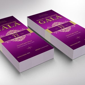 Pastor Anniversary Gala Ticket Template has an elegant purple and gold vintage design. The size is 3x7 inches. Great for formal occasions such as church and pastor anniversary galas, banquets, office parties, etc. A classical-themed event ticket.