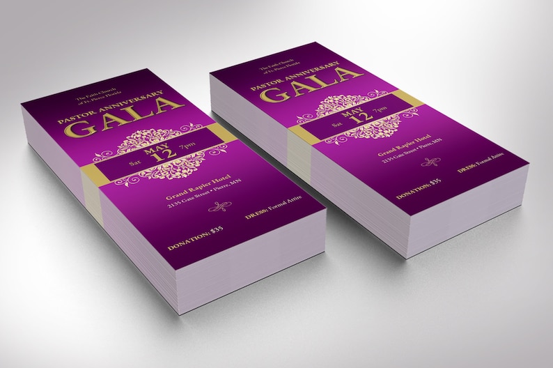 Pastor Anniversary Gala Ticket Template has an elegant purple and gold vintage design. The size is 3x7 inches. Great for formal occasions such as church and pastor anniversary galas, banquets, office parties, etc. A classical-themed event ticket.