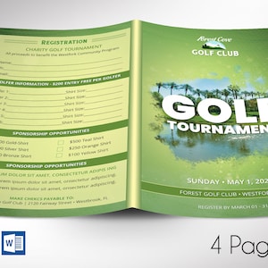 May include: A green and white brochure for a golf tournament at Forest Cove Golf Club. The brochure includes registration information, sponsorship opportunities, and details about the event, which is scheduled for Sunday, May 1, 2021. The brochure also includes the text "Register by March 01-31".