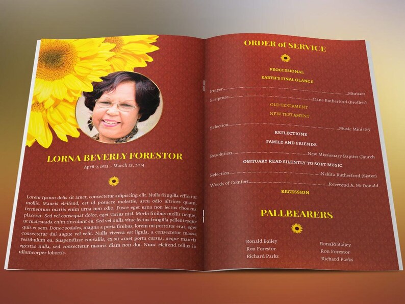 Sunflower Funeral Program Word and Publisher Template, Print Size 8.5x11 inches, Bi-Fold to 5.5x8.5 inches, is for memorial or funeral services. The sunflower petals on the obituary template, combined with clean serif text lend